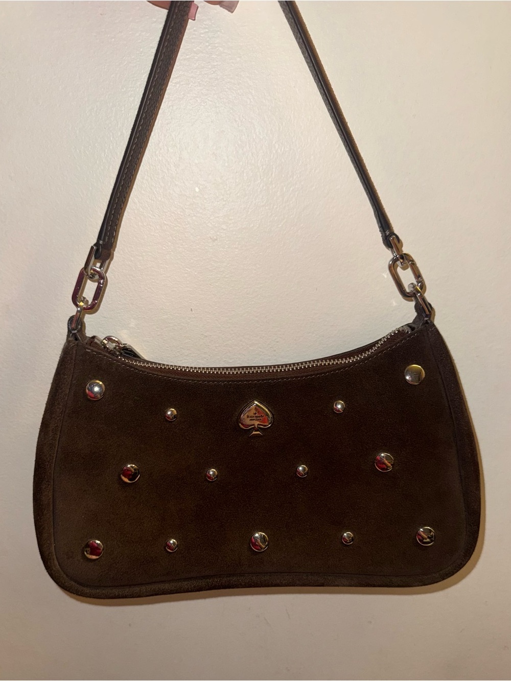 kate spade Brown Suede Studded Shoulder Bag with Sliver Accents